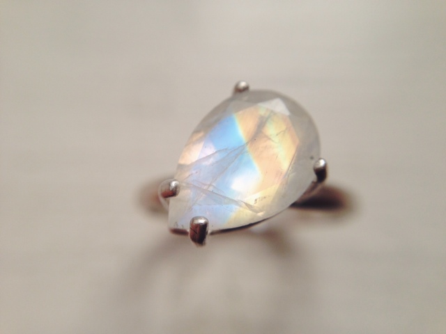 Rainbow Moonstone Ring in Brilliant Pear Cut