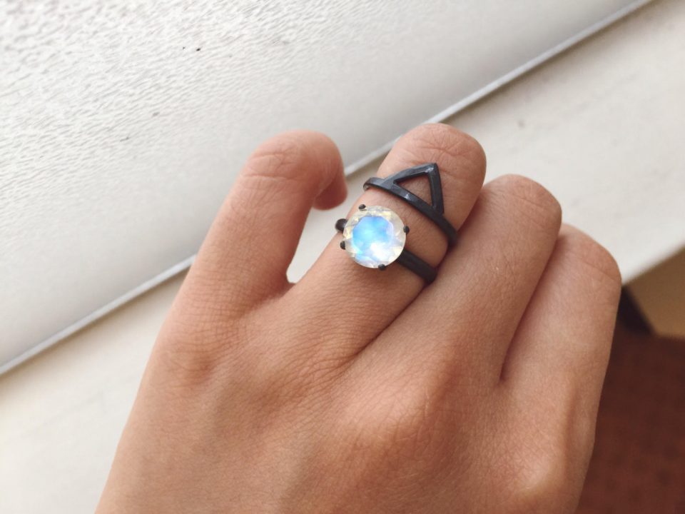 9mm Stunning Rainbow Moonstone Ring – Engagement Ring – Recycled Silver Ring, Oxidized Silver Ring