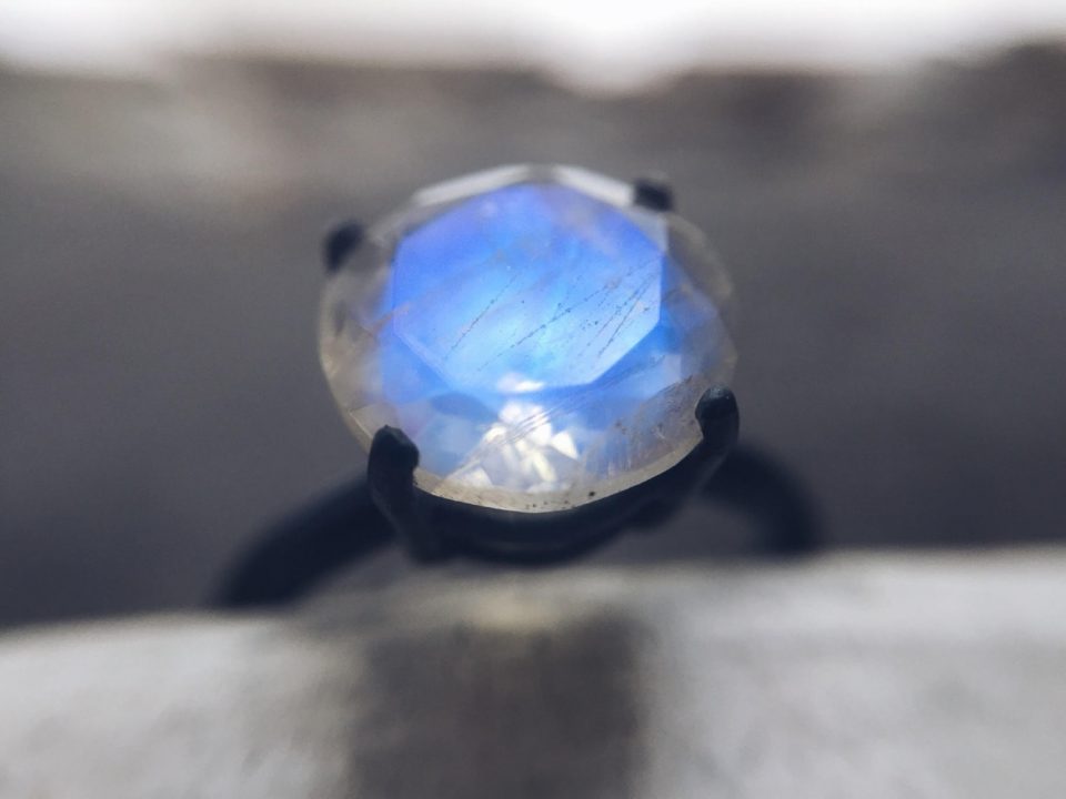 9mm Stunning Rainbow Moonstone Ring – Engagement Ring – Recycled Silver Ring, Oxidized Silver Ring